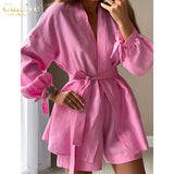 Autumn Lace-Up Robes Tops Two Pieces Set Womens Casual Loose High Wiast Shorts Set Elegant Pink Home Suit With