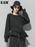 Loose Fit Black Irregular Cross Sweatshirt New Round Neck Long Sleeve Women Big Size Fashion Spring Autumn 2023