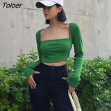 Collar Women's T-Shirt Long Sleeve Y2K Slim Tight Tee Casual Slim Cropped Sexy Basic Tees Top New Fashion Ladies