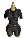 Hollow Knitted Two-Piece Collar Short-Sleeved Umbilled Blouse + High-Waisted Shorts Sports Leisure Set Spring