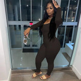 2022 Women's Clothing New Leisure Solid Color Low Cut Long Sleeve Slim Fit Jumpsuit High Waist Tight Trousers