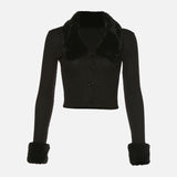 Women Short Cardigans Faux Fur Collar Crop Top Black Single Breasted Female Thin Sweater 2022 Spring Sexy Ladis