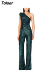 Women Elegant Long Jumpsuits Slanted Collar Party 2023 Sexy Glitter Sequin Club Playsuits Fashion Backless Solid