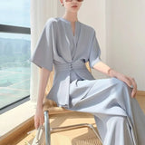 Summer Elegant Two Piece Set Women Designer France Vintage Suits Set Retro Chic Tops Casual Wide Leg Pants Korean