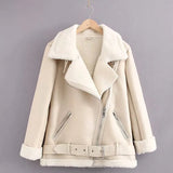 VAREY LIN Women Winter Brown Suede Jacket Coats Warm Thick Windproof Motorcycle Coat Turndown Collar Faux Lamb Leather
