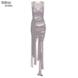 Chic See-Through Multilayer Mesh Sexy Lace Up Bodycon Mini Dresses Women Birthday Clothing Lady Sling Skinny Stretchy
