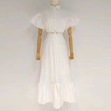 Pink Cut Out Dress For Women Lapel Short Sleeve High Waist Solid Loose Midi Dresses Female Korean Fashion