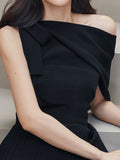 Fashion Women's Dress New Solid Color Slim Sloping Shoulders Turn-down Collar Pleated Dresses Female Summer 2023