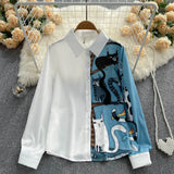 Women Print Spliced Long Blouse Casual Long Sleeve Button Loose 2022 Autumn Streetwear French Office Lady Fashion