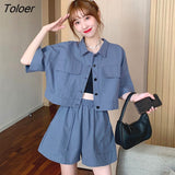 Women Sets Short Sleeve Turn-down Collar Shirts Elastic Waist Shorts Womens High Street Harajuku Solid Streetwear Casual 2