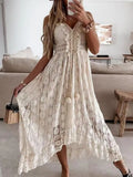 Boho Lace Maxi Dress for Women Holiday Elegant Lady V Neck Spaghetti Strap Sundress White Dress Vestidos De Mujer