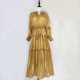 Temperament Dress 2025 New V-Neck Lantern Sleeves Folded Long Silk Dress