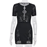 Sisterlinda Autumn Sexy See Through Bodycon Mini Dress Women Casual Street Short Sleeve Hollow Out Party Clubwaer Female