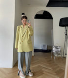 Breasted Shoulder Pad Flap Pocket Front Plus Blazer Pink Green Gray Autumn Casual Oversize Women