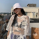 Summer Sexy Mesh T Shirts Women Lace See Through Oversize Mesh Tops Semitransparent Gothic E Girl T-shirt Streetwear