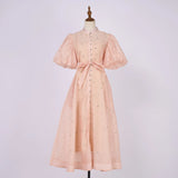Court Style High Design Feeling Heavy Industry Nail Drill Short Sleeve Single Buckle Dress +