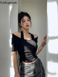 Two Tshirts Women Clothing Bandage Off Shoulder Temperament Ladies Tops Tunic Fashion Casual Summer T Shirts Ropa