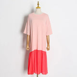Elegant Patchwork Hit Color Dress Women O Neck Half Sleeve Oversize Casual Midi Dresses Female 2020 Summer