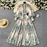 Style Dress Women's Spring Court Collar Lantern Sleeves To Close The Waist Single Buckle Printing Folded Long