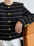 Women's Striped Flap Detailed Gold Button White Tweed Short