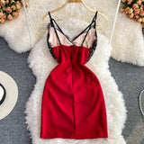 V-neck Spaghetti Strap Bodycon Mini Dress Elegant Floral Lace Patchwork Hollow Out Slim High Waist Club Party Dress