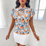 Chiffon Stand Collar Printed Short Sleeve