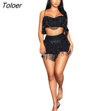 Tassel Two Piece Set Women Dance Clothing Spaghetti Strap Crop Tops and Shorts Sets Sexy Shining Party Club