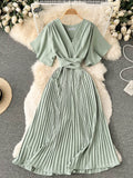 Women's Dress Temperament French Pleated Slim Long Vacation Style Chiffon Pleated Skirt Solid Color V-neck Women's