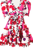 Colorblock Lace Up Dresses For Women V Neck Puff Sleeve High Waist Patchwork Edible Tree Fungus Mini Folds Dress Female