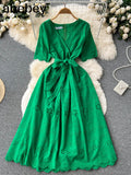 Green/White/Pink Summer New Lace Embroidery Dress Women Short Sleeves Dresses Female Vintage Party Beach Maxi Long