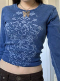 Rib Long Sleeve Printed Crop Top-Outfit
