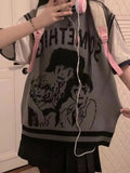 Harajuku College Knitted Tank Top Sweater Men's and Women's Street Hip Hop Cartoon Anime Pattern O-Neck Sleeveless