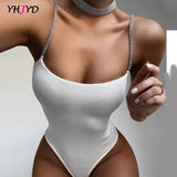 Shiny Shoulder Straps Women Bodycon Sexy Bodysuit Black White Sleeveless Summer Female Outfits High Leg One-Piece