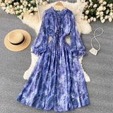 Autumn Women Blue/Red/Black Printed Party Dress Bohemian Puff Long Sleeve High Waist Ruffle Collar Midi Robe Female Vestidos