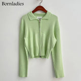 Korean Style Autumn Kintted Caidigans for Women Silm Waist Zipper Short Green Sweater Tops Chic Long Sleeve