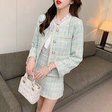2 Piece Sets Women Korean Vintage Temperament Elegant Long Sleeve Button Tweed Short Jacket High Waist Bodycon Skirt