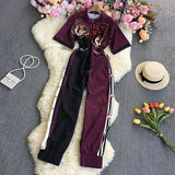 New Spring Autumn Fashion turn down collar short sleeve zipper Jumpsuit hit color print high waist casual wide leg