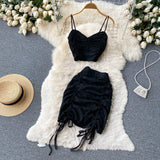 Lace Drawstring Women Summer Set 2022 Ruched Zipper Elastic Top Sexy Vacation Party Club Mini Skirt Two Piece