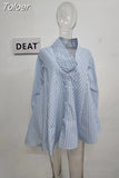 Fashion Women's Shirt V-neck Loose Single Breasted Lace Up Waist Blue Striped Irregular Blouse Summer 2023 New Tide