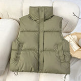 Autumn Winter Korean Version Of Foreign Style Loose And Versatile Sleeveless Short Standing Collar Down Cotton Vest Women's Design Sense Horse Clip Coat-Outfit