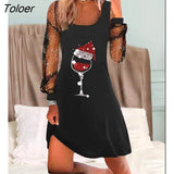 for Women Christmas Wine Glass Print Contrast Mesh Casual Dress & Christmas Dress Fashion Europe&America Women
