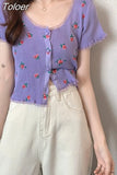 Knitted Cardigan Crop Top Women Summer 2023 Floral Lace Patchwork Shirt Single Breasted Cute T Shirts Short Sleeve