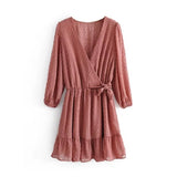 New Summer Women Ruffles Lace Chiffon Dress Boho Mini Beach Dress Three Quarter Sleeve Ladies Party Dresses