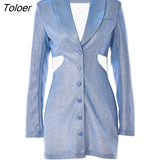 Bright Silk Shiny Blazer Dress Women Blue Long Sleeve Single Breasted Hollow Out Party Dress Sexy Elegant Office