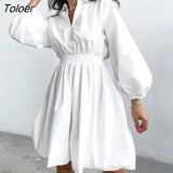 Elegant Black Mini Dress Lantern Sleeve Pleated Autumn Turn Down Collar Shirt Dress Casual Solid Bodycon Dresses For