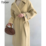 Blue Wool Jacket Woman Winter Thicken Streetwear Elegant Vintage Long Coats Woman Blends Autumn Long-sleeve