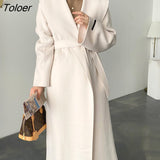 Long Wool Jacket Women Chic 2023 Winter Turn-down Collar Blend Coat Ladies Lace-up Elegant Korean Loose Outfit
