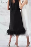 Patchwork Feathers Hem Tank Dress For Women Round Neck Sleeveless High Waist Solid Mini Dresses Female 2023 Clothing