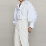 Graduation party Lantern Sleeve Cotton Casual Shirts Woman Turn-down Collar Single Breasted Loose Blouse French Style