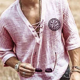 Viking Pirate Medieval Cosplay Halloween Costume Men Shirt V Neck Lace Up Vintage Shirt Half Sleeve Linen Blouse